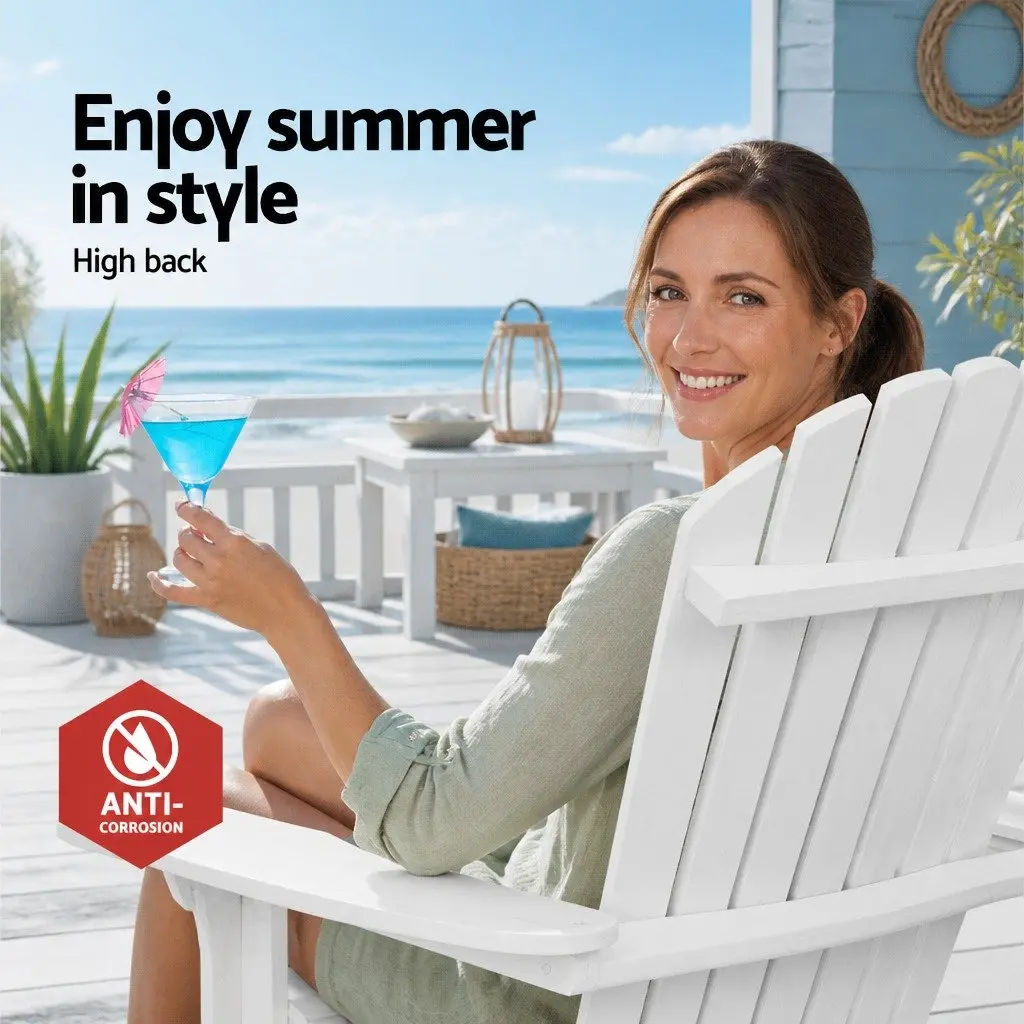 Adirondack Outdoor Chair and Side Table Set for Patio Garden 3 Piece Foldable Wooden White