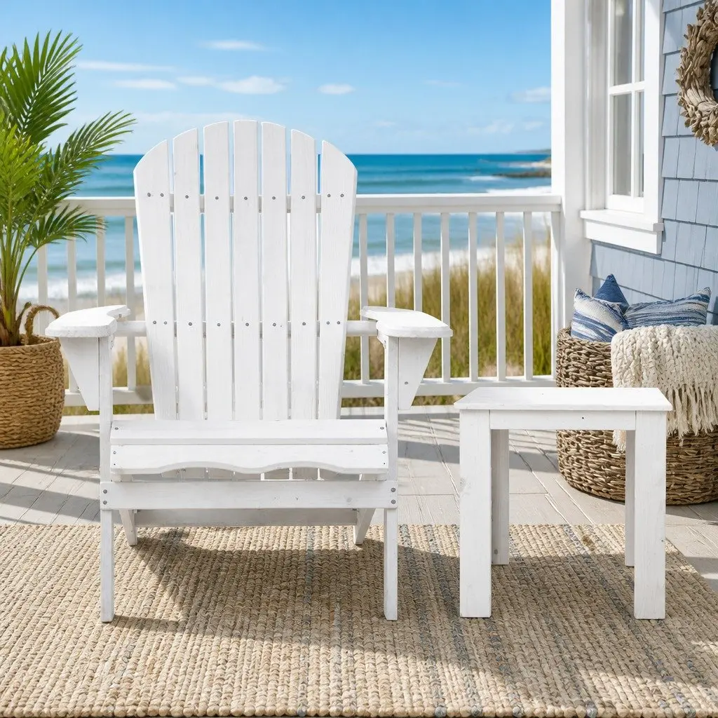 Adirondack Outdoor Chair and Side Table Set for Patio Garden 3 Piece Foldable Wooden White