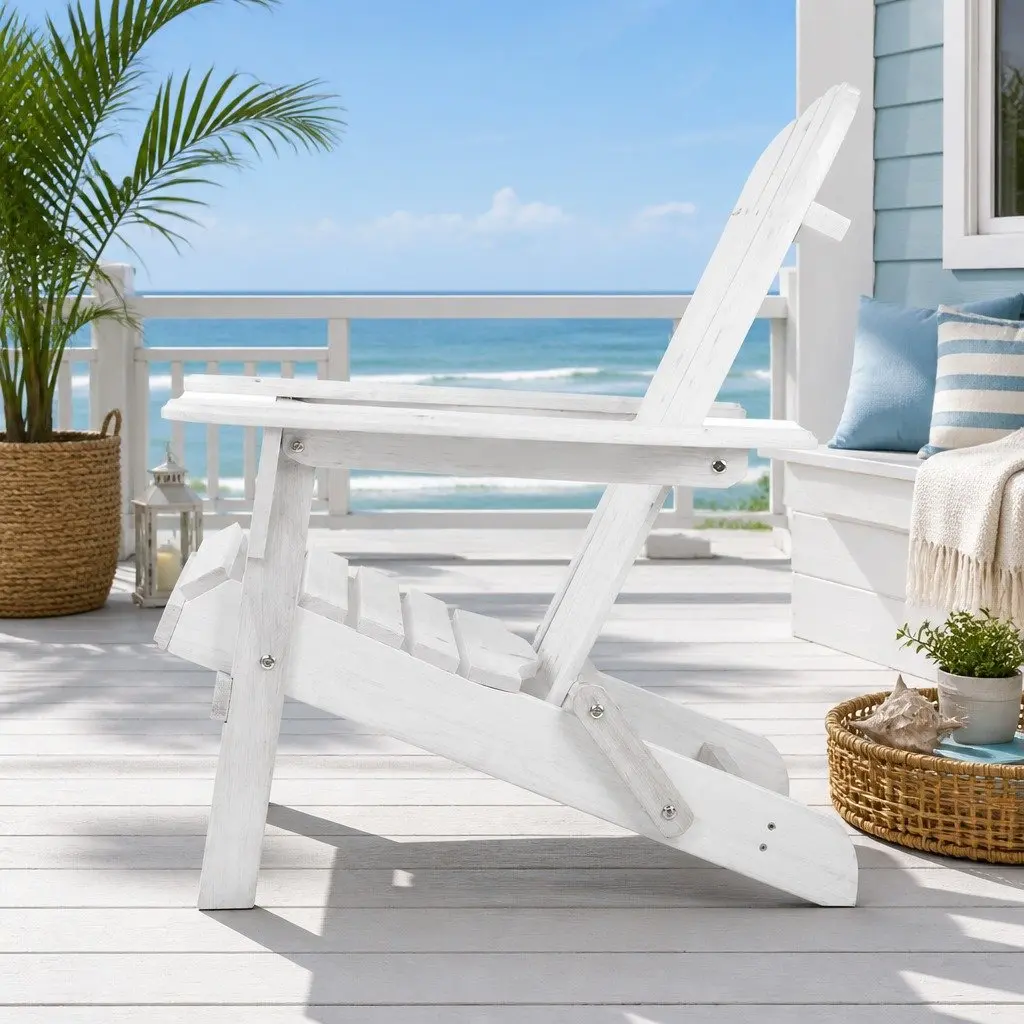 Adirondack Outdoor Chair and Side Table Set for Patio Garden 3 Piece Foldable Wooden White