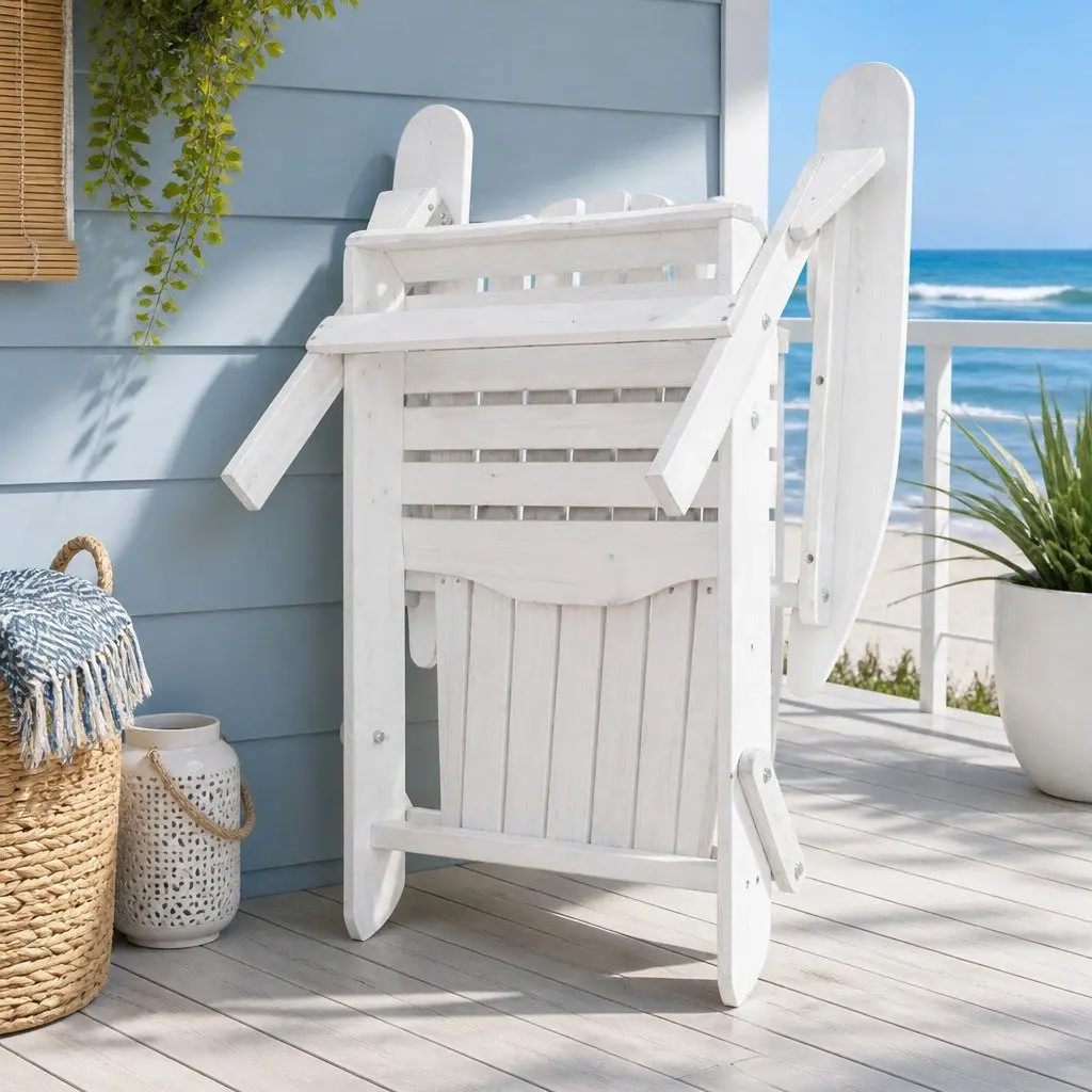 Adirondack Outdoor Chair and Side Table Set for Patio Garden 3 Piece Foldable Wooden White