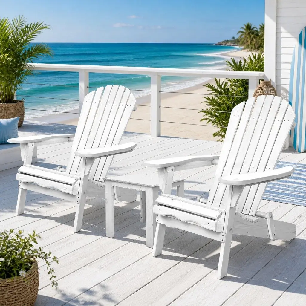 Adirondack Outdoor Chair and Side Table Set for Patio Garden 3 Piece Foldable Wooden White