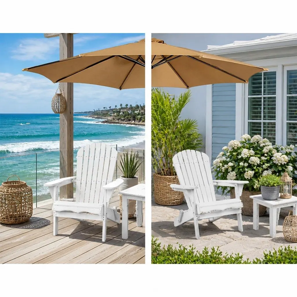 Adirondack Outdoor Chair and Side Table Set for Patio Garden 3 Piece Foldable Wooden White