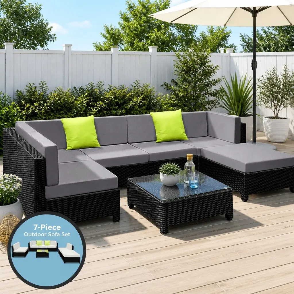 7-Piece Outdoor Wicker Sofa Lounge Set with Coffee Table Cushions Grey Black