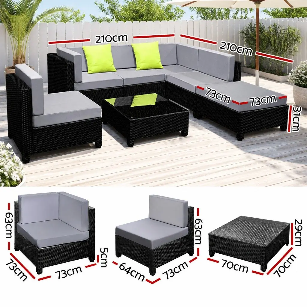 7-Piece Outdoor Wicker Sofa Lounge Set with Coffee Table Cushions Grey Black