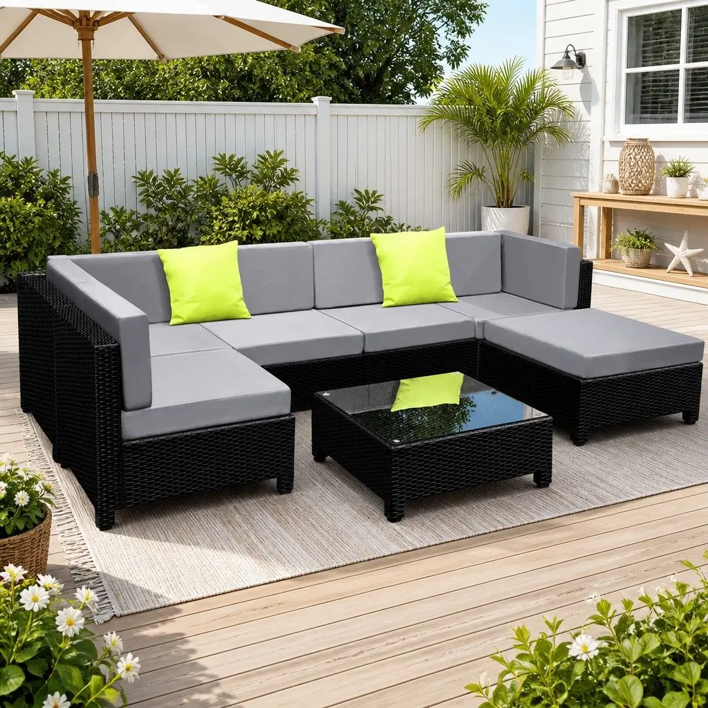 7-Piece Outdoor Wicker Sofa Lounge Set with Coffee Table Cushions Grey Black