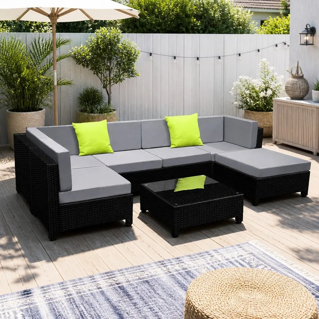 7-Piece Outdoor Wicker Sofa Lounge Set with Coffee Table Cushions Grey Black