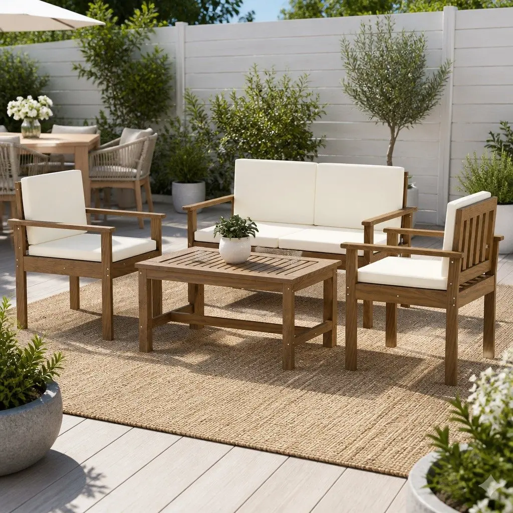 4 Piece Outdoor Sofa Set for Patio Garden with Cushions and Coffee Table