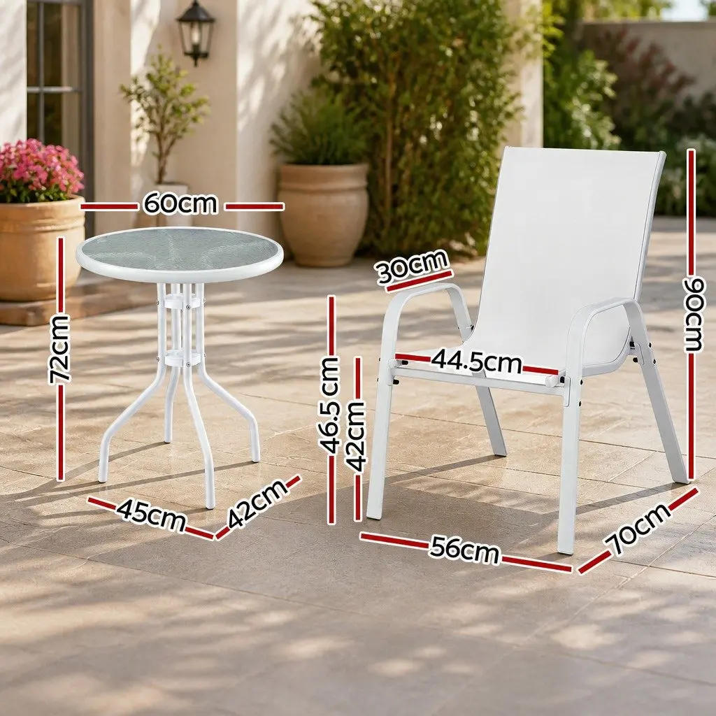 3PC Outdoor Dining Set Bistro Set Stackable Chairs Patio Furniture White Tempered Glass Table