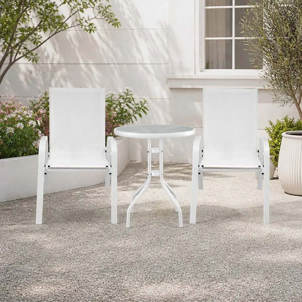 3PC Outdoor Dining Set Bistro Set Stackable Chairs Patio Furniture White Tempered Glass Table