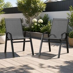 Stackable Outdoor Dining Chairs Grey Patio Lounge Furniture Set Metal Frame