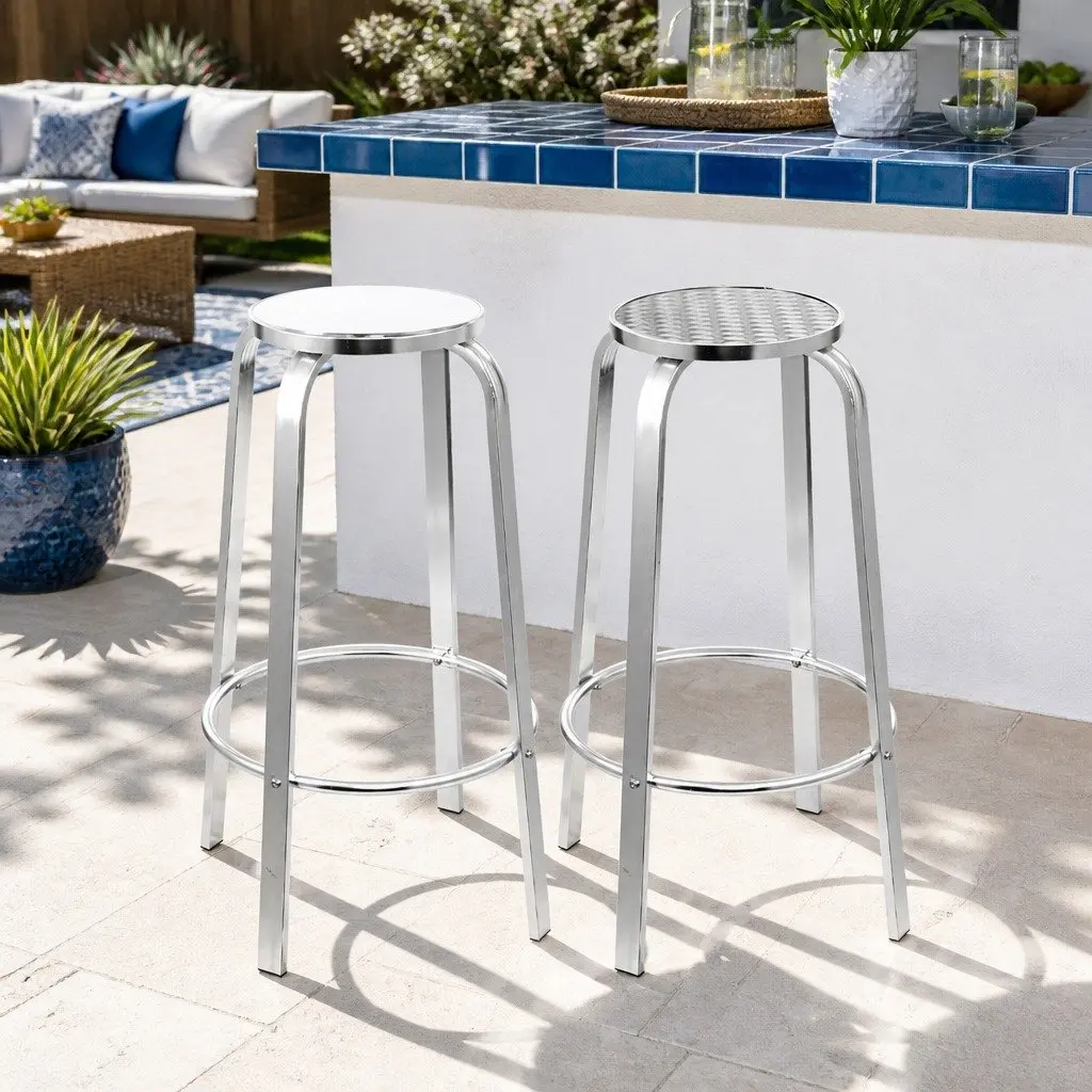 Outdoor Bar Stools Silver Aluminum Patio Furniture Set 2 Piece