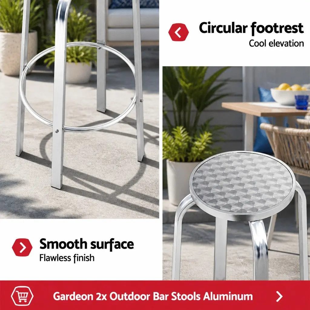 Outdoor Bar Stools Silver Aluminum Patio Furniture Set 2 Piece