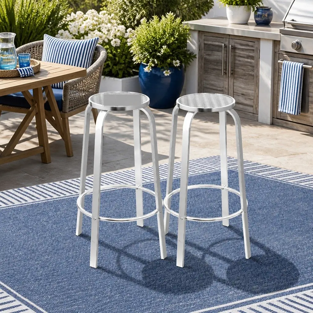 Outdoor Bar Stools Silver Aluminum Patio Furniture Set 2 Piece