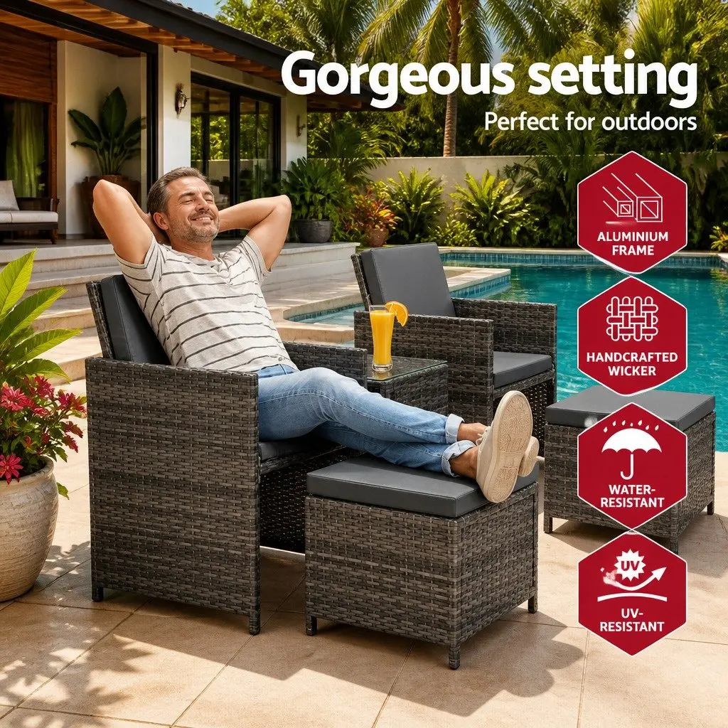 5-Piece Wicker Outdoor Bistro Set with Chairs Ottoman and Glass Table