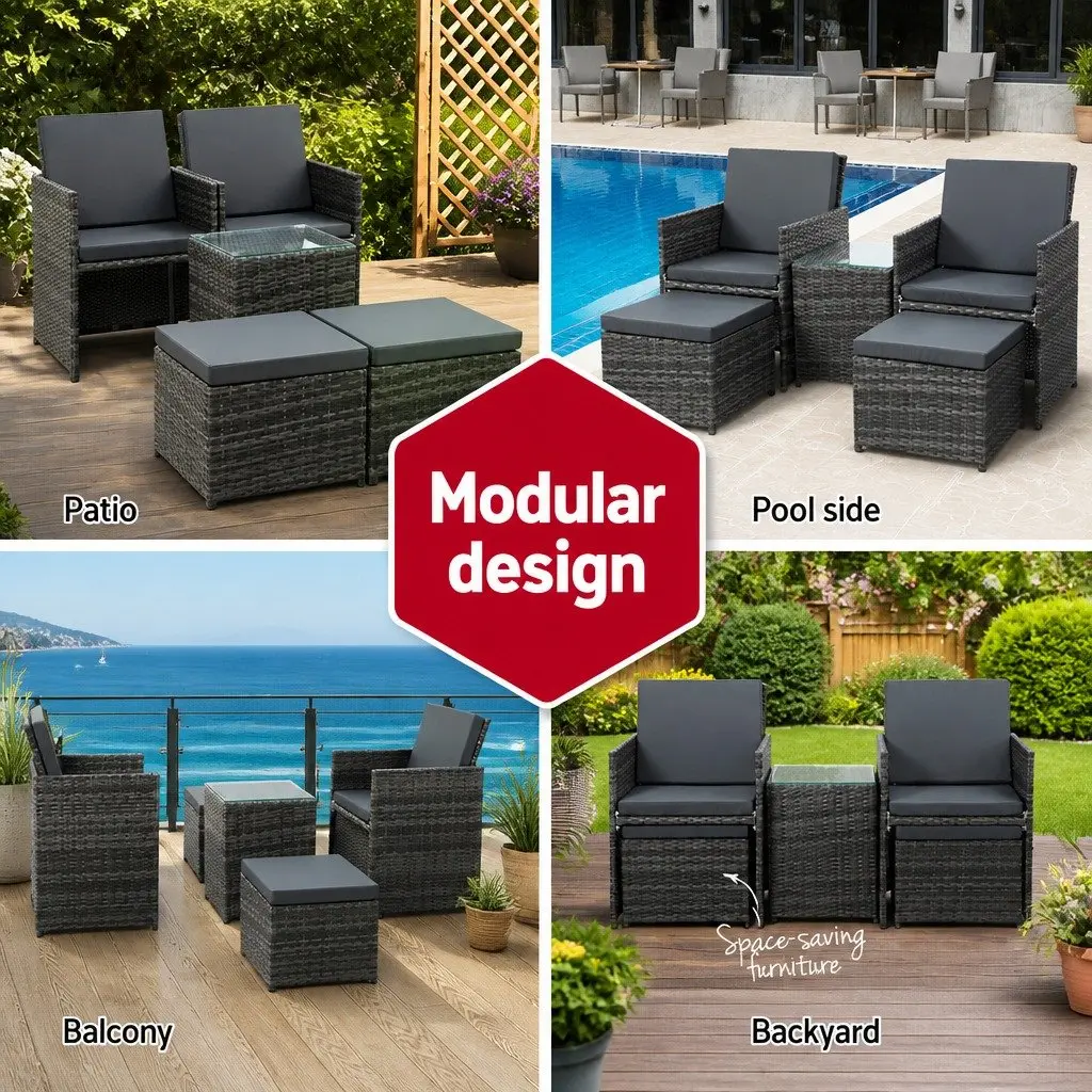 5-Piece Wicker Outdoor Bistro Set with Chairs Ottoman and Glass Table