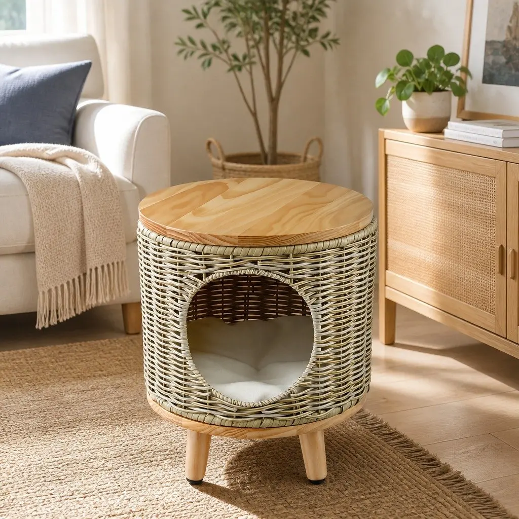 Wicker Side Table Pet Bed Indoor Outdoor 35 x 35 x 41.5cm