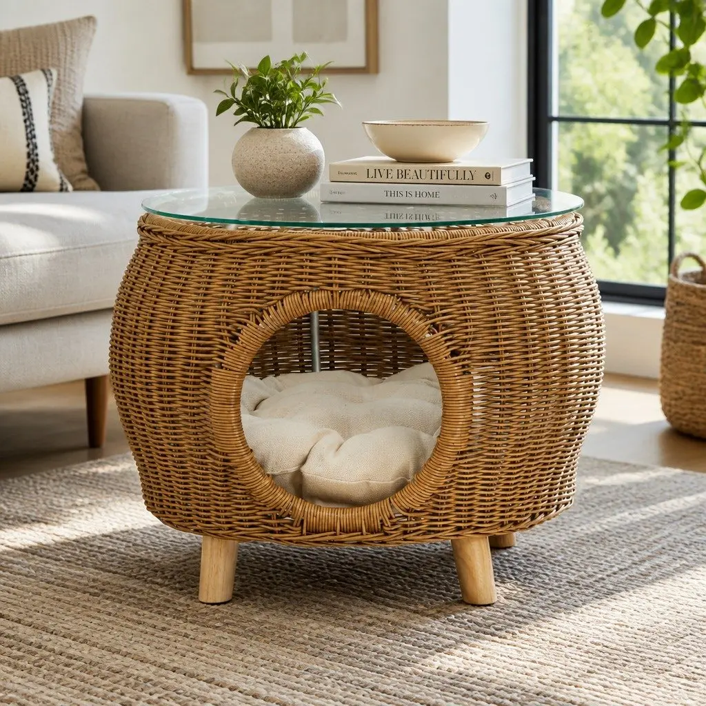 Coffee Side Table Wicker Aluminium Frame Pet Bed Storage Indoor Outdoor