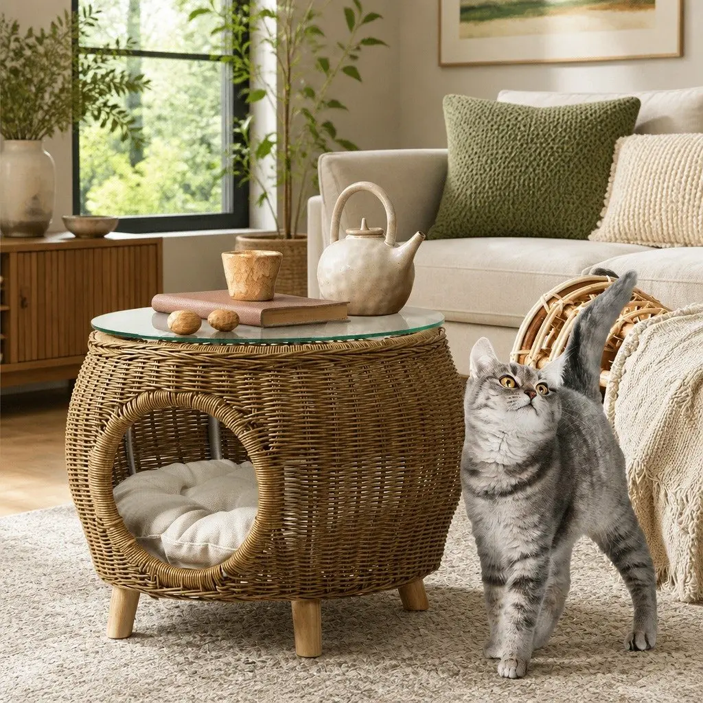Coffee Side Table Wicker Aluminium Frame Pet Bed Storage Indoor Outdoor