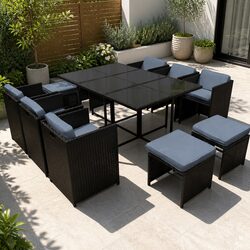 Outdoor Dining Set: 11 Pieces, 10 Seats, Black Wicker