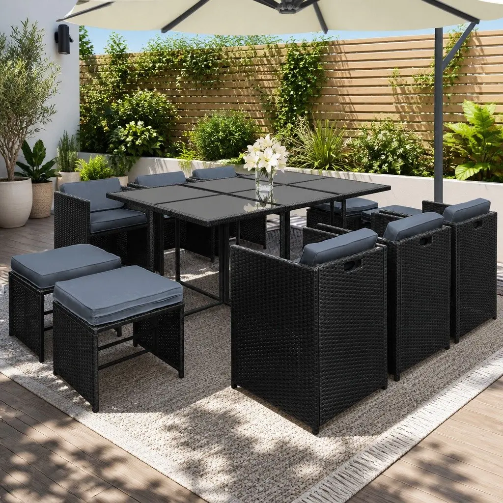 Outdoor Dining Set 11 Piece Patio Wicker Table Chairs Ottoman Black 10 Seater