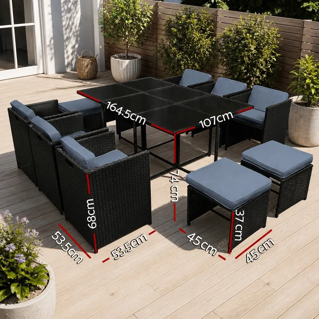 Outdoor Dining Set 11 Piece Patio Wicker Table Chairs Ottoman Black 10 Seater
