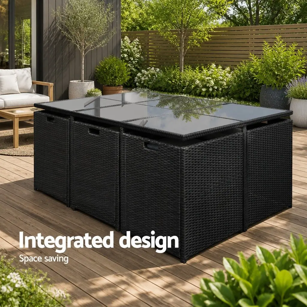 Outdoor Dining Set 11 Piece Patio Wicker Table Chairs Ottoman Black 10 Seater