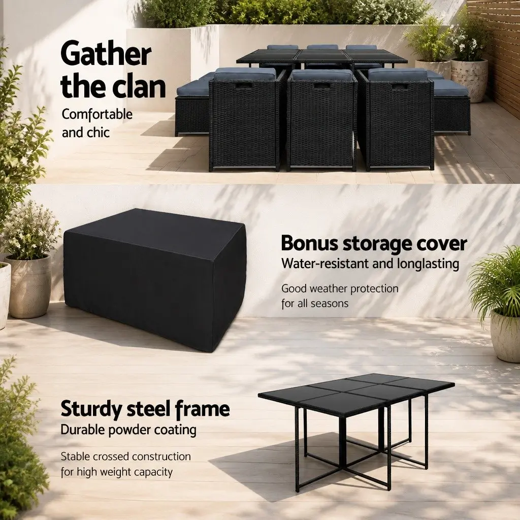 Outdoor Dining Set 11 Piece Patio Wicker Table Chairs Ottoman Black 10 Seater