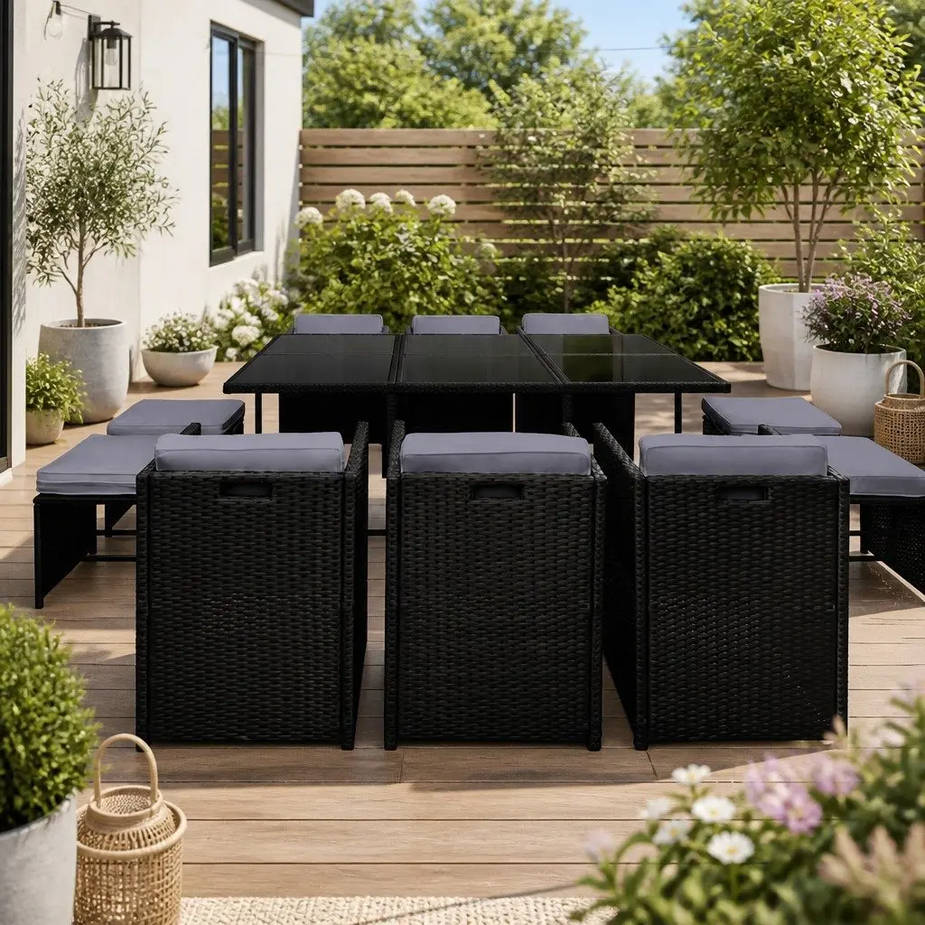 Outdoor Dining Set 11 Piece Patio Wicker Table Chairs Ottoman Black 10 Seater