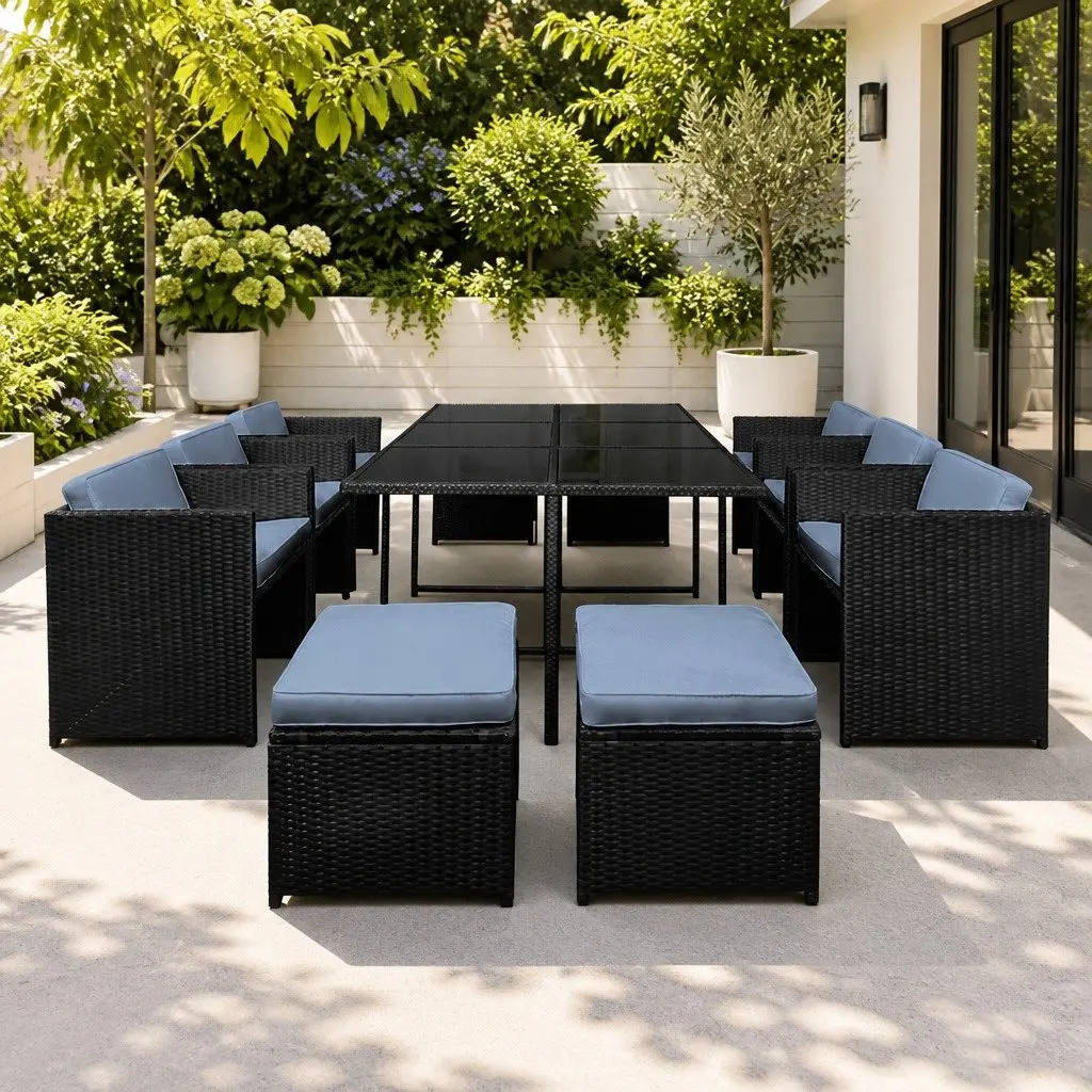 Outdoor Dining Set 11 Piece Patio Wicker Table Chairs Ottoman Black 10 Seater
