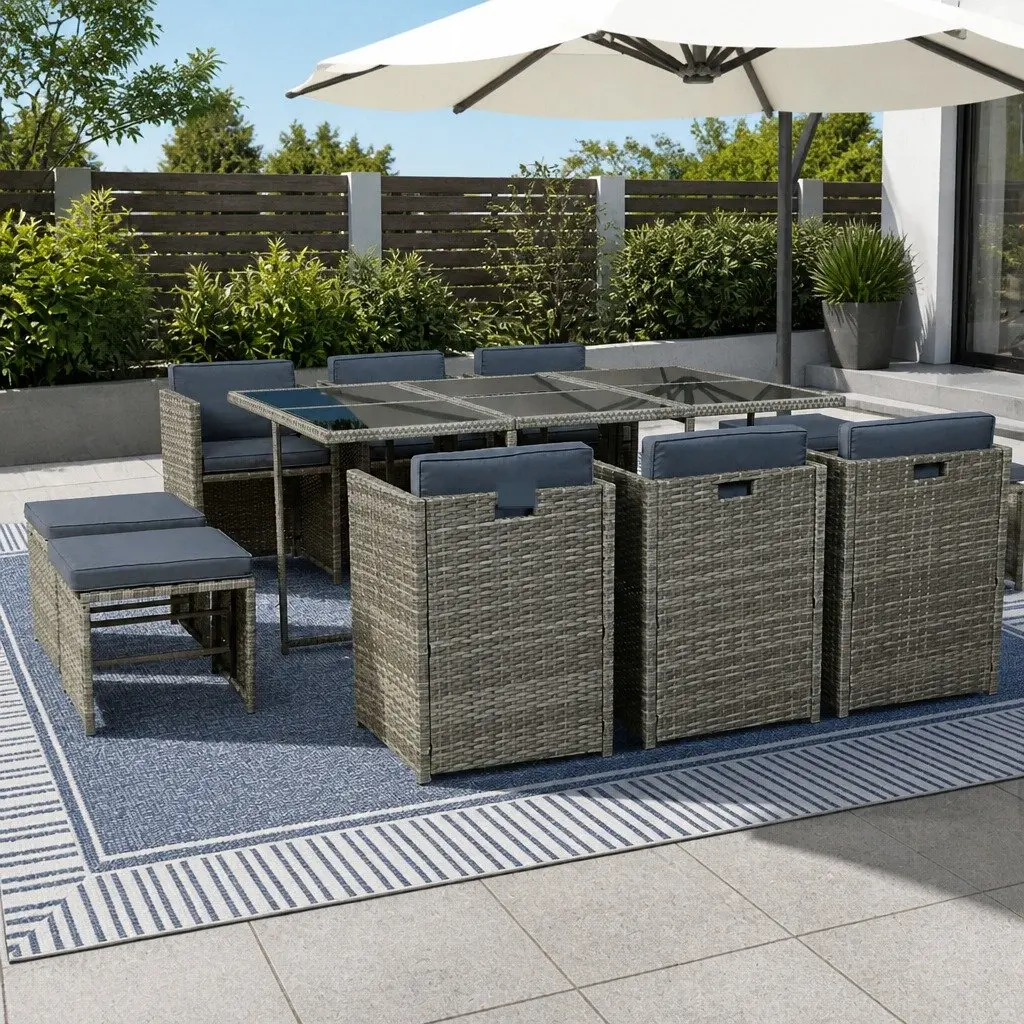 Outdoor Dining Set 11 Piece Wicker Table Chairs Ottomans Grey Cushions