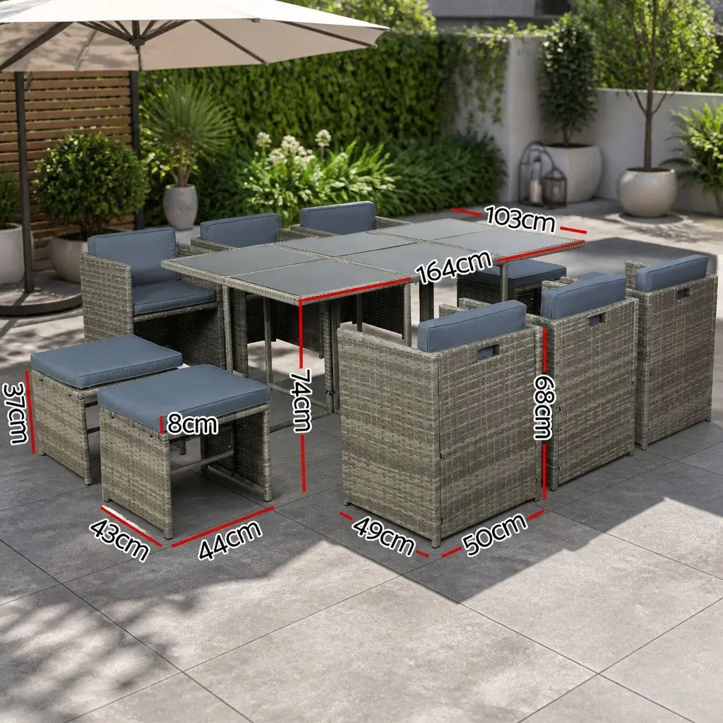 Outdoor Wicker Dining Set 11 Piece Grey Cushions Table Chairs Ottomans