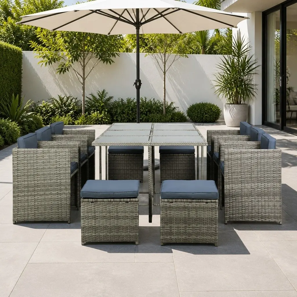 Outdoor Wicker Dining Set 11 Piece Grey Cushions Table Chairs Ottomans