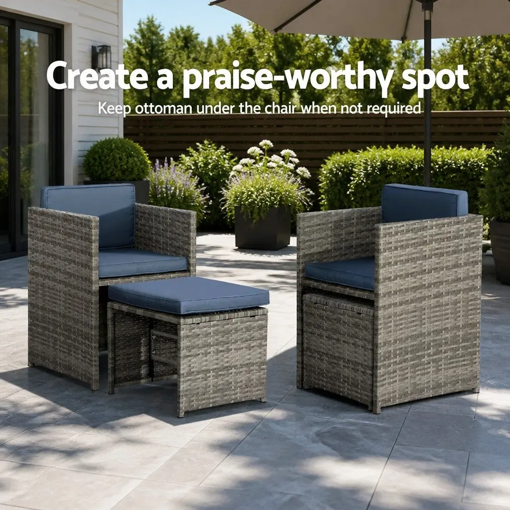 Outdoor Wicker Dining Set 11 Piece Grey Cushions Table Chairs Ottomans