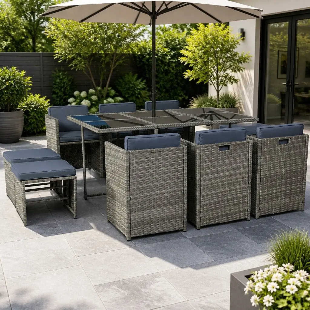 Outdoor Wicker Dining Set 11 Piece Grey Cushions Table Chairs Ottomans