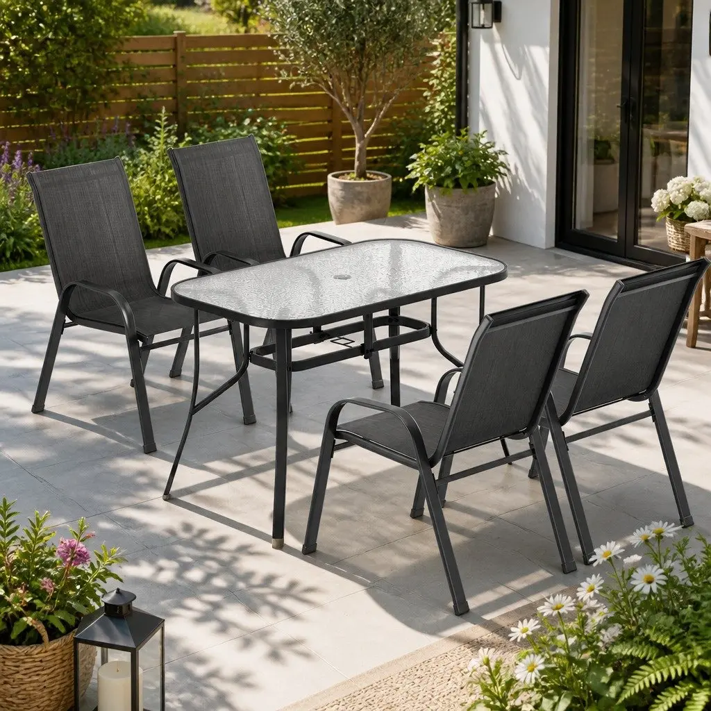 5 Piece Outdoor Dining Set Patio Garden Black Steel Frame Glass Table Stackable Chairs