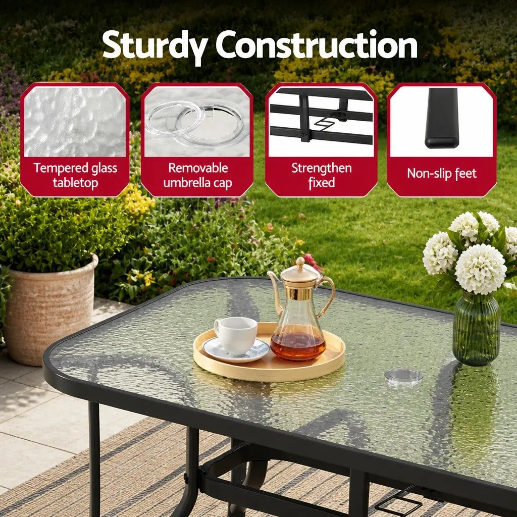 5 Piece Outdoor Dining Set Patio Garden Black Steel Frame Glass Table Stackable Chairs
