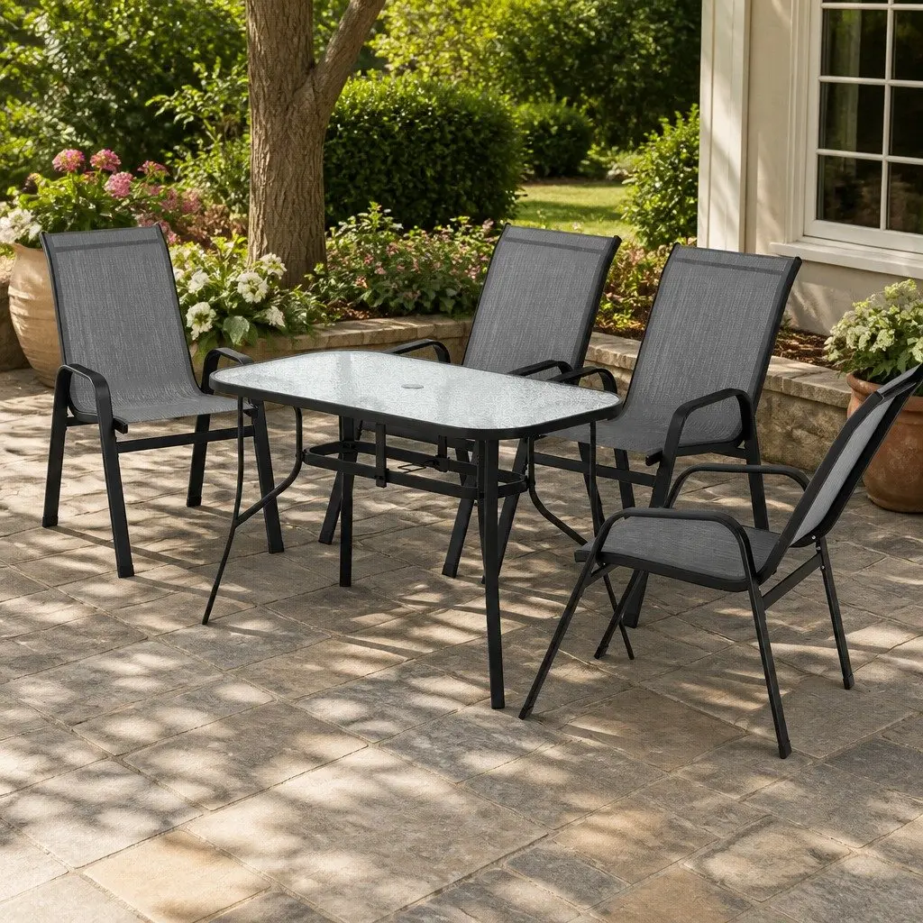 5 Piece Outdoor Dining Set Glass Table Stackable Chairs Patio Furniture Grey