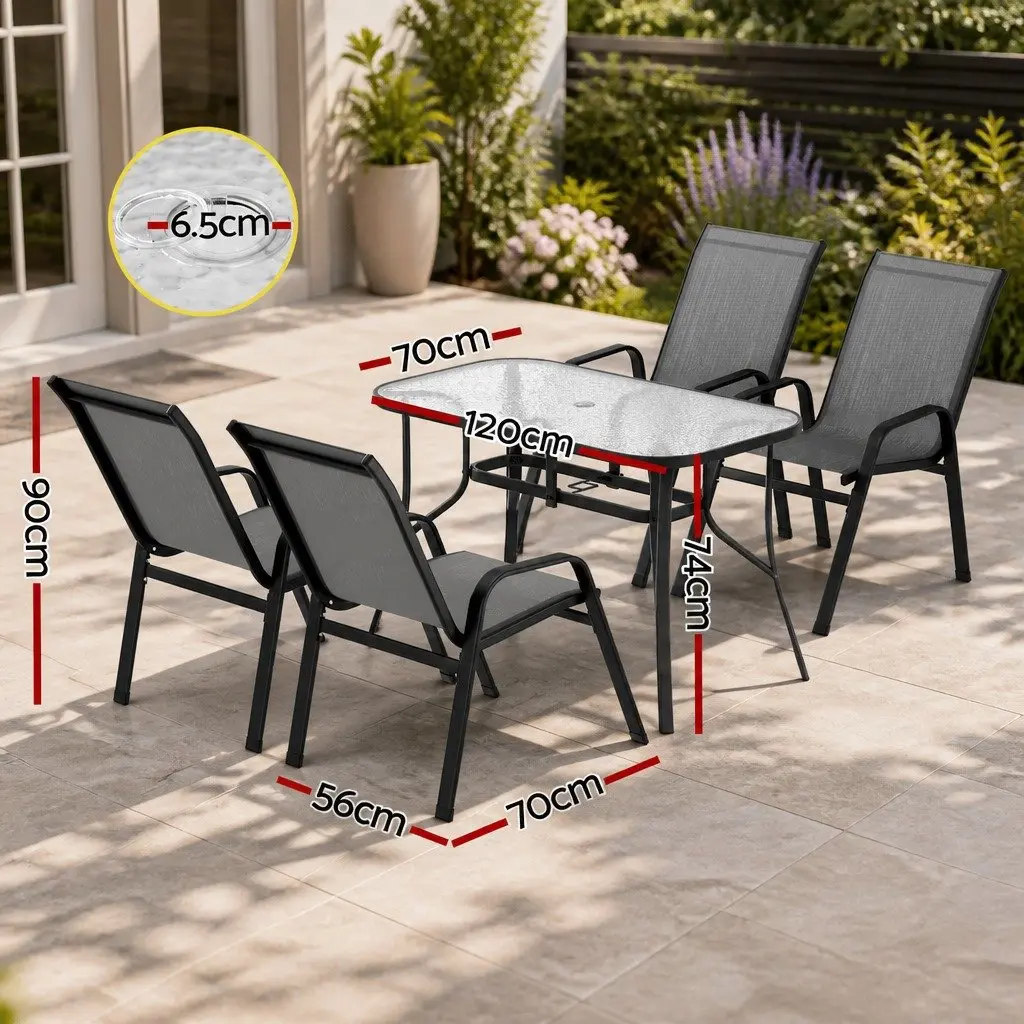 5 Piece Outdoor Dining Set Patio Use Grey Glass Table Stackable Chairs