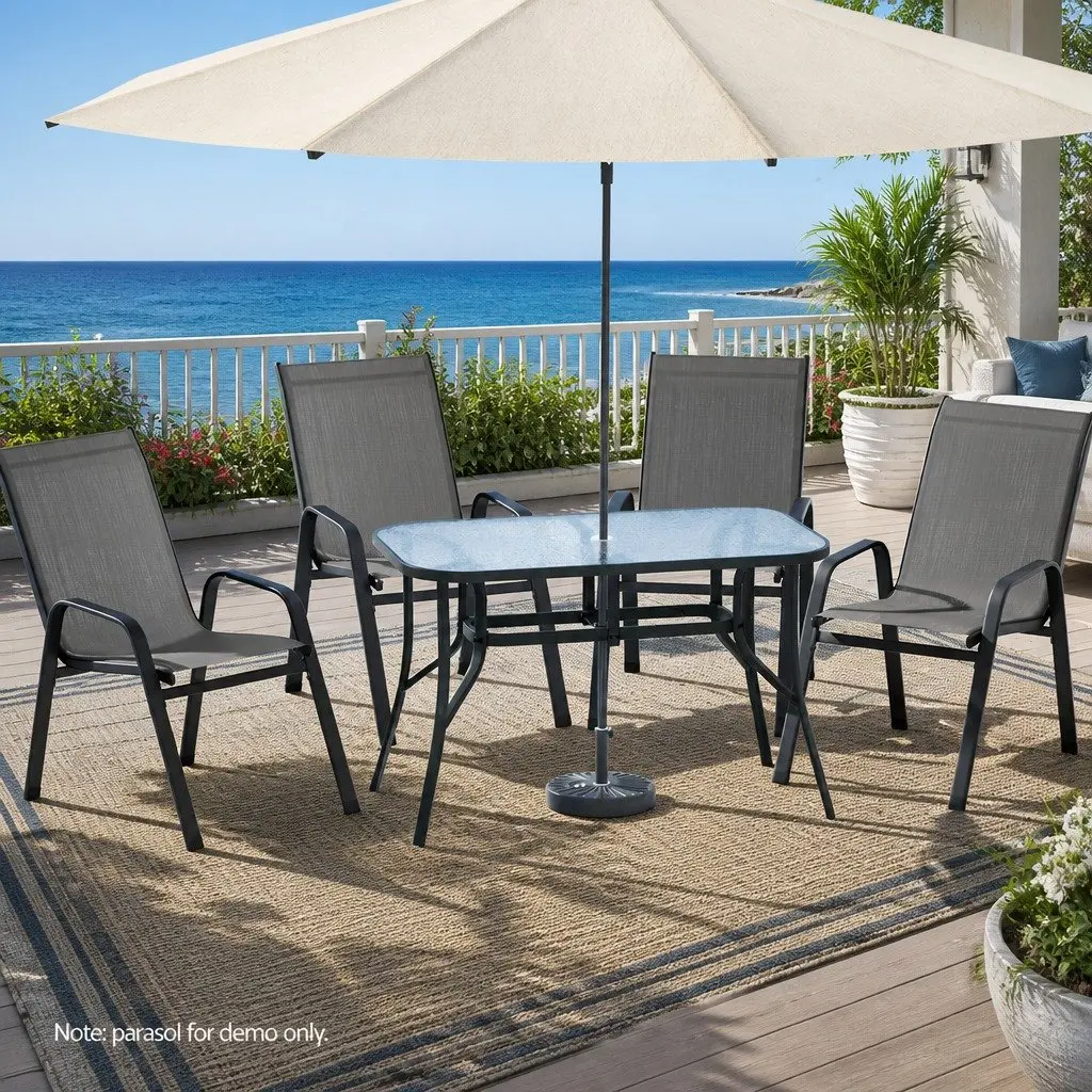 5 Piece Outdoor Dining Set Patio Use Grey Glass Table Stackable Chairs