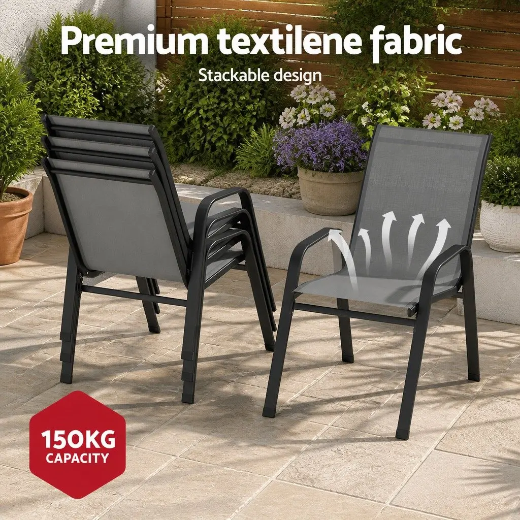 5 Piece Outdoor Dining Set Patio Use Grey Glass Table Stackable Chairs