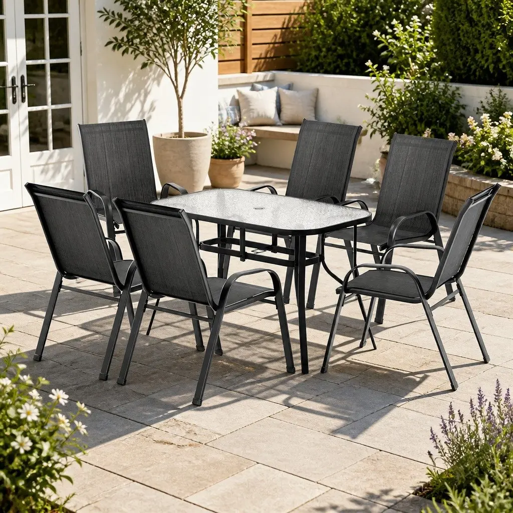 7 Piece Outdoor Dining Set Glass Table Stackable Chairs Patio Furniture Black