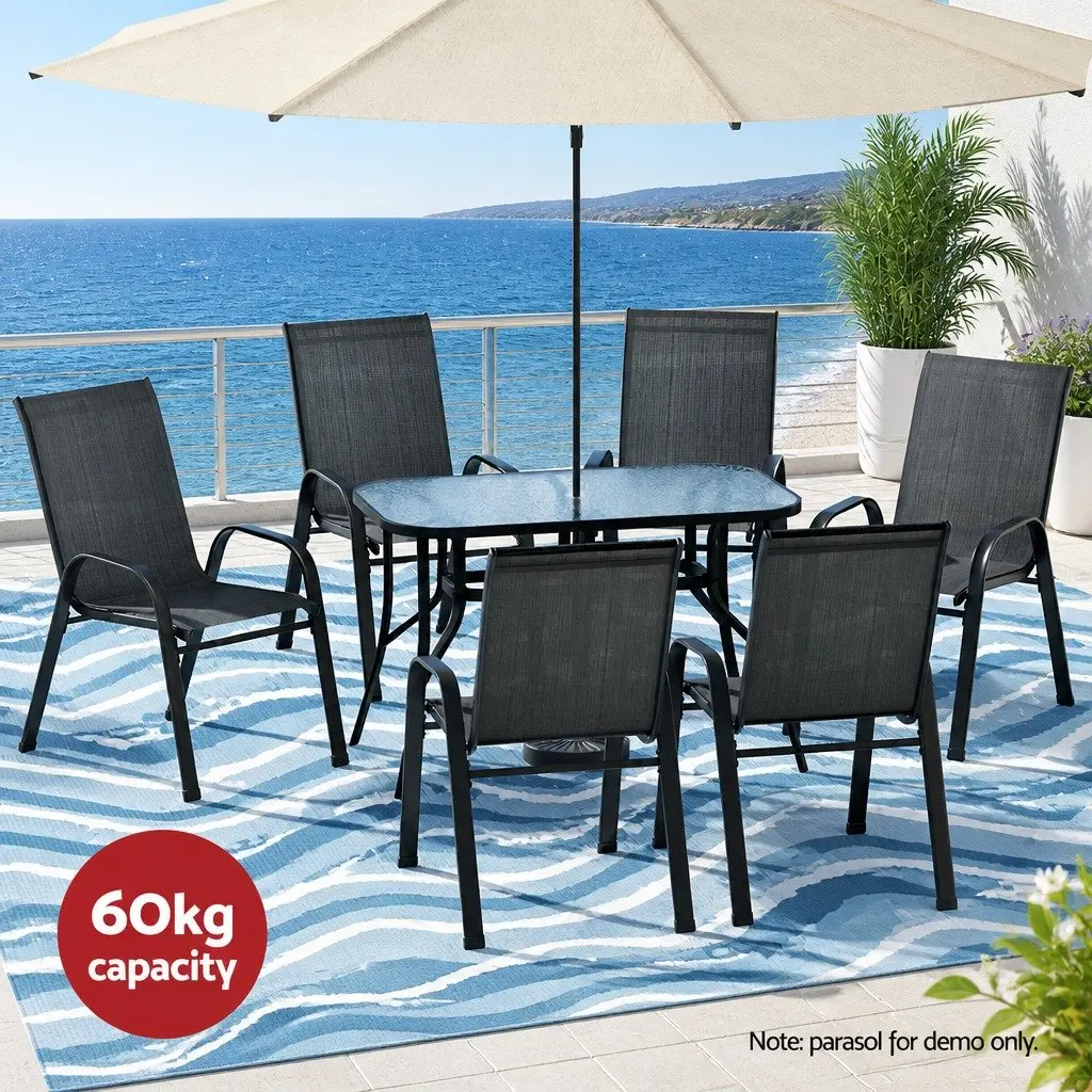7 Piece Outdoor Dining Set Patio Furniture Glass Table Stackable Chairs Black