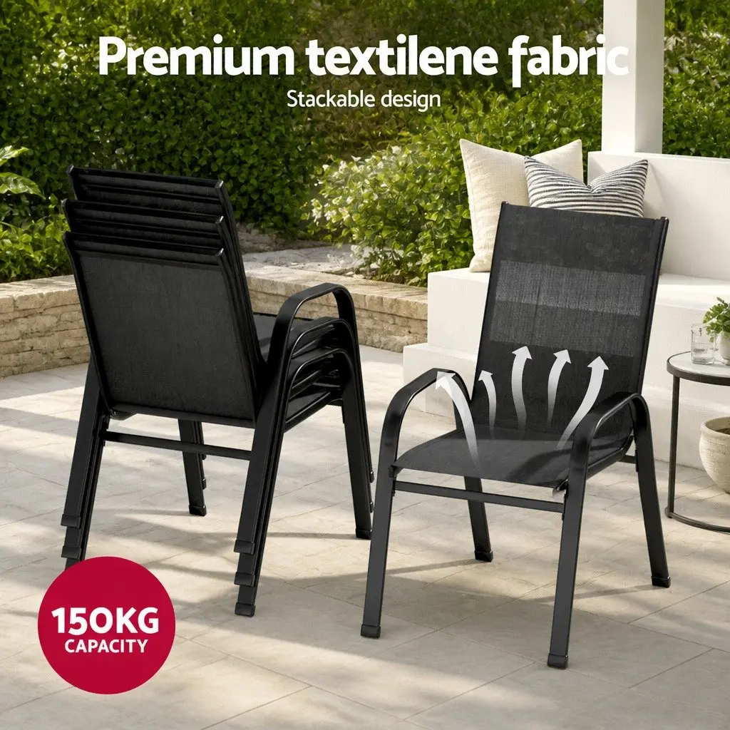 7 Piece Outdoor Dining Set Patio Furniture Glass Table Stackable Chairs Black