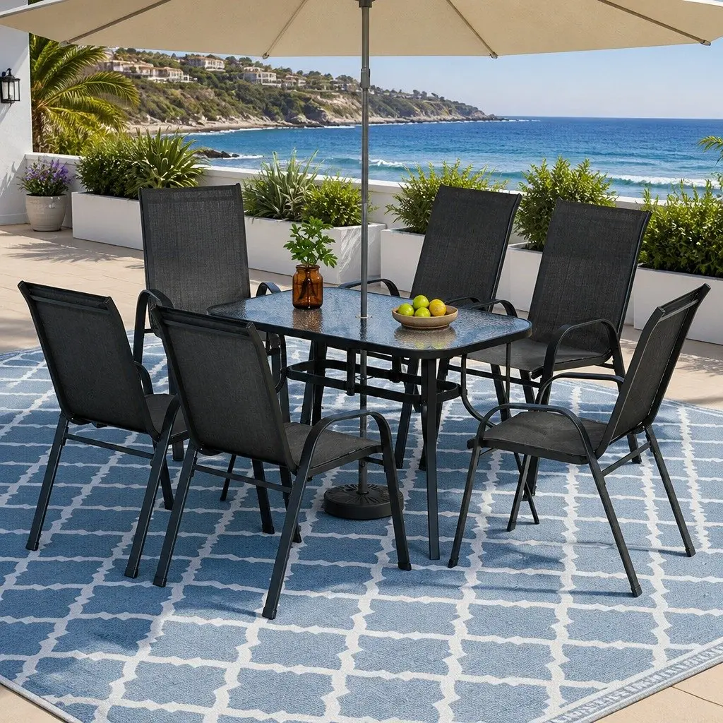 7 Piece Outdoor Dining Set Patio Furniture Glass Table Stackable Chairs Black