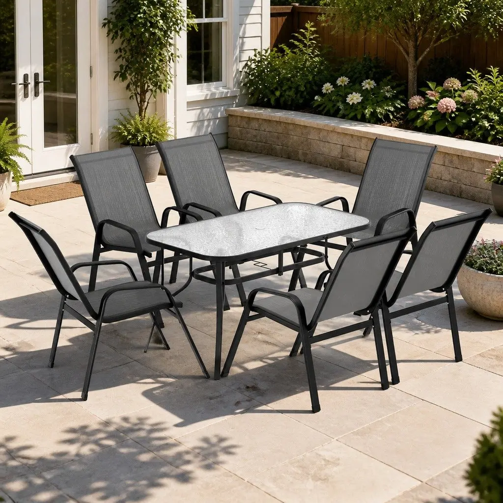 7 Piece Outdoor Dining Set Patio Furniture Garden Table Chairs Grey Black
