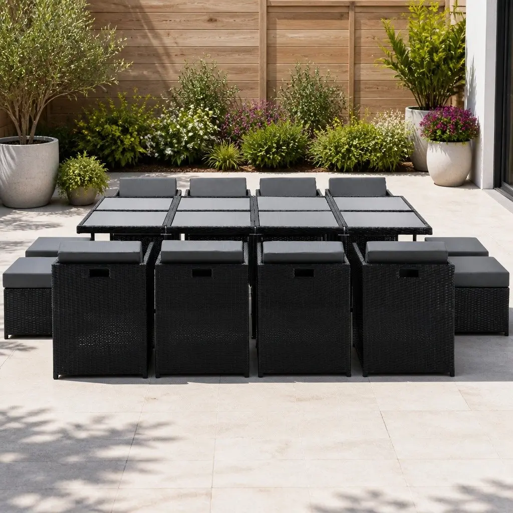 Outdoor Dining Set 13 Piece Wicker Table Chairs Ottomans Black Garden Furniture