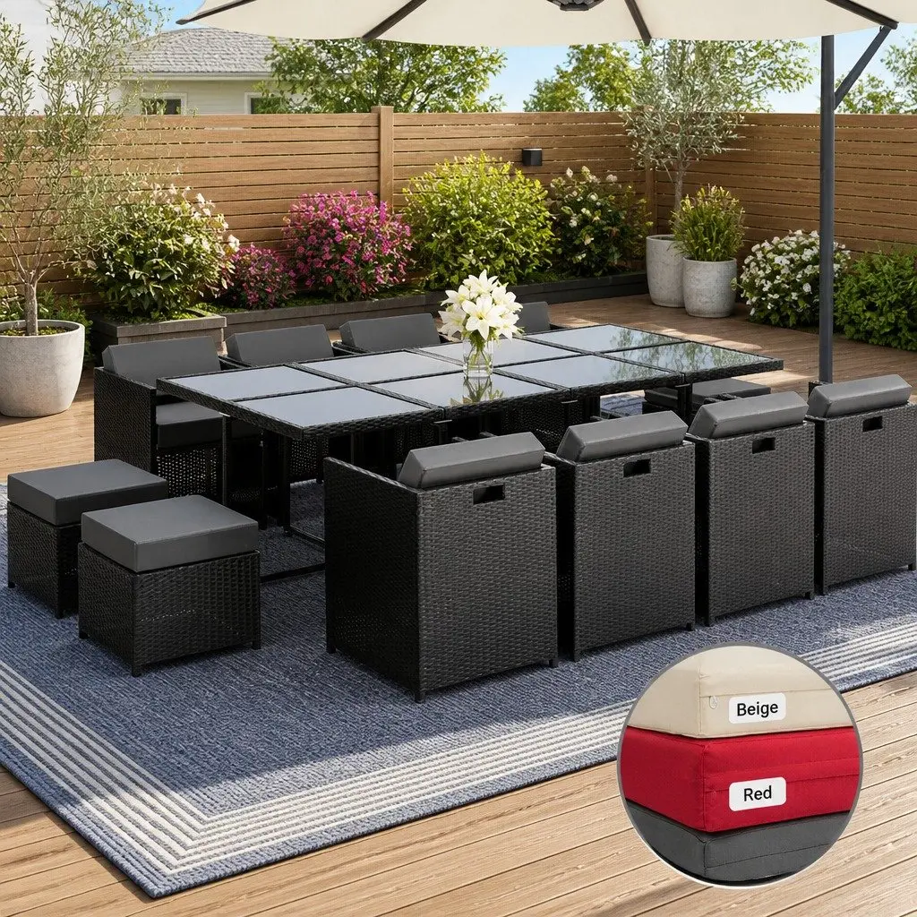 Outdoor Dining Set 13 Piece Rectangular Wicker Table and Cushioned Chairs with Ottomans for Garden Use