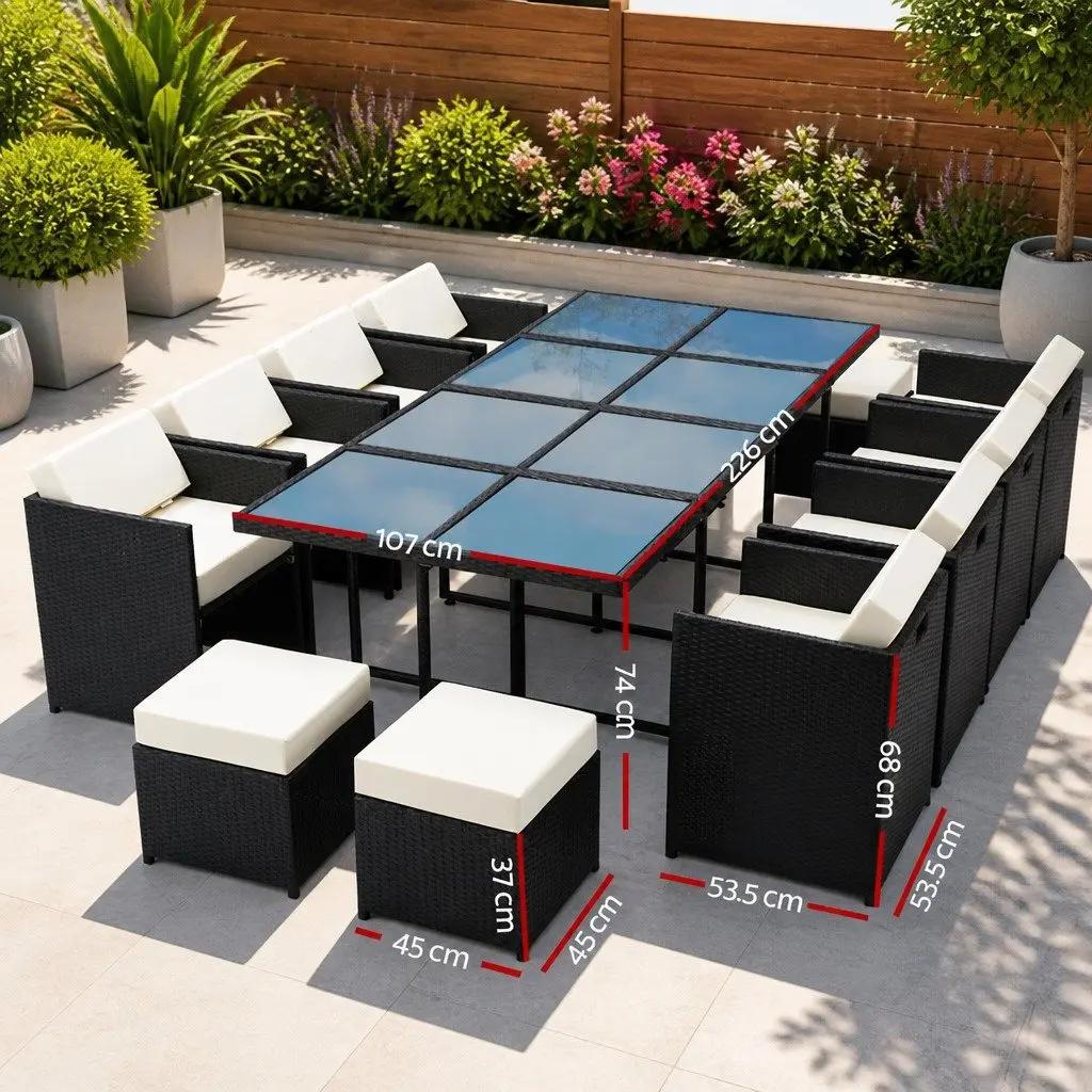 Outdoor Dining Set 13 Piece Rectangular Wicker Table and Cushioned Chairs with Ottomans for Garden Use