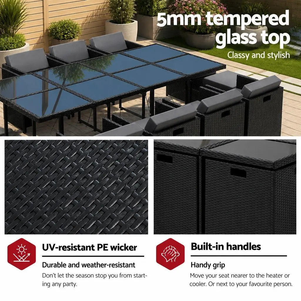 Outdoor Dining Set 13 Piece Rectangular Wicker Table and Cushioned Chairs with Ottomans for Garden Use