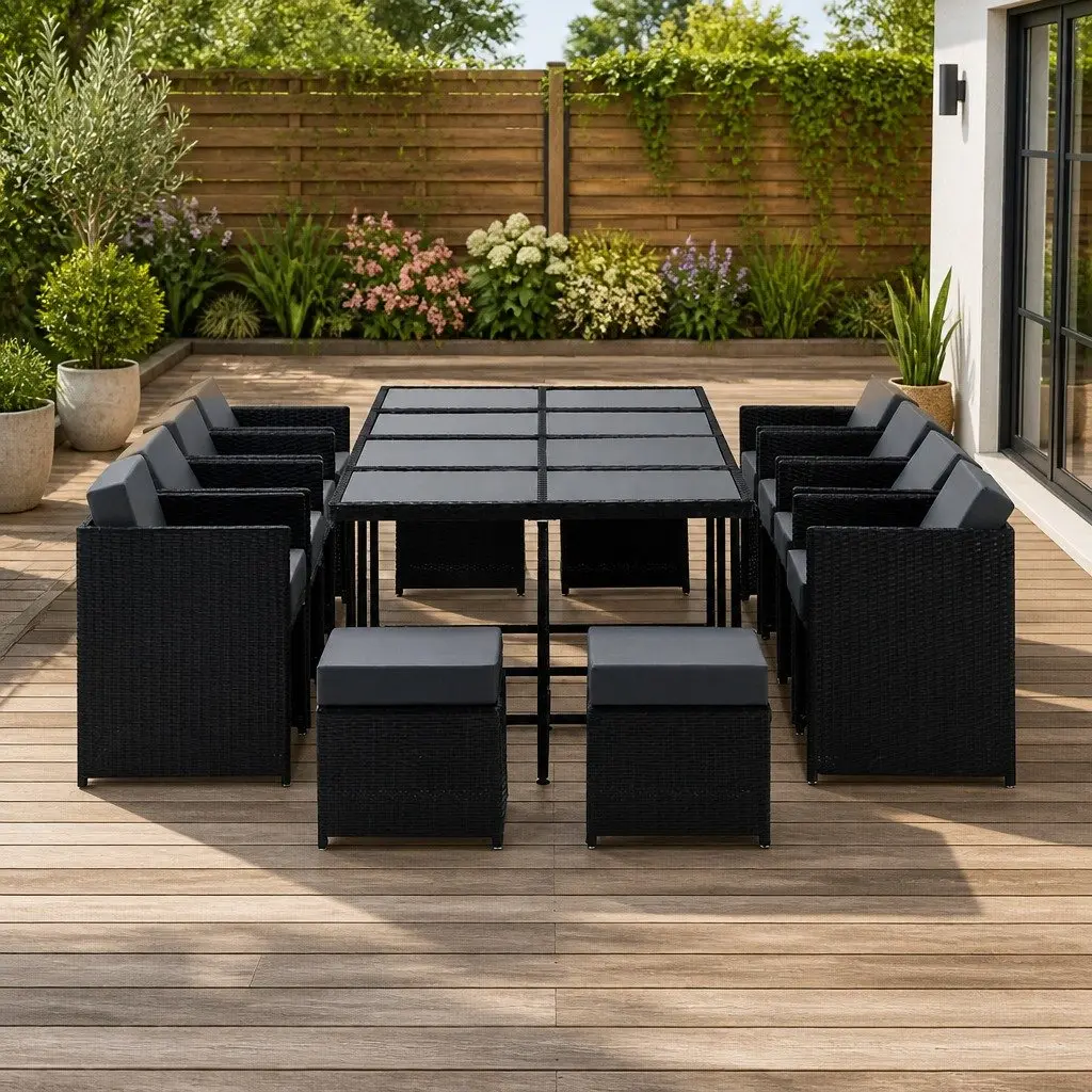 Outdoor Dining Set 13 Piece Rectangular Wicker Table and Cushioned Chairs with Ottomans for Garden Use
